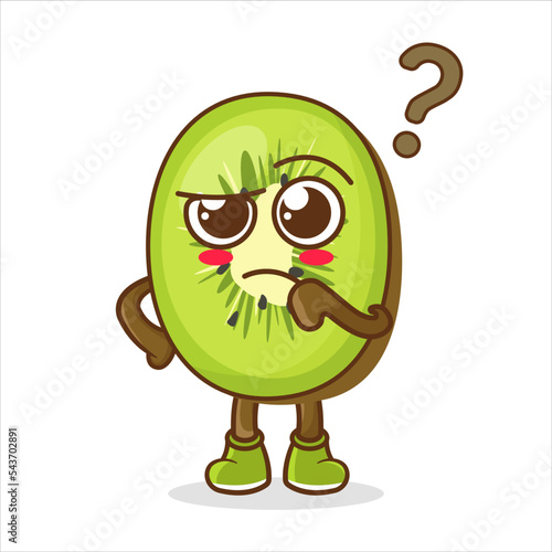 Cute kiwi with question mark character. Isolated on white background. Kiwi fruit think concept