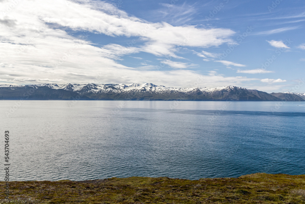 a panoramic view from the cliff over the Skjálfandi bay near the small town Húsavík, Iceland 