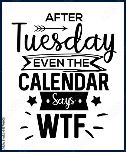 Funny sarcastic sassy quote for vector t shirt  mug  card. Funny saying  funny text  phrase  humor print on white background. Hand drawn lettering design. After Tuesday even the calendar says wtf