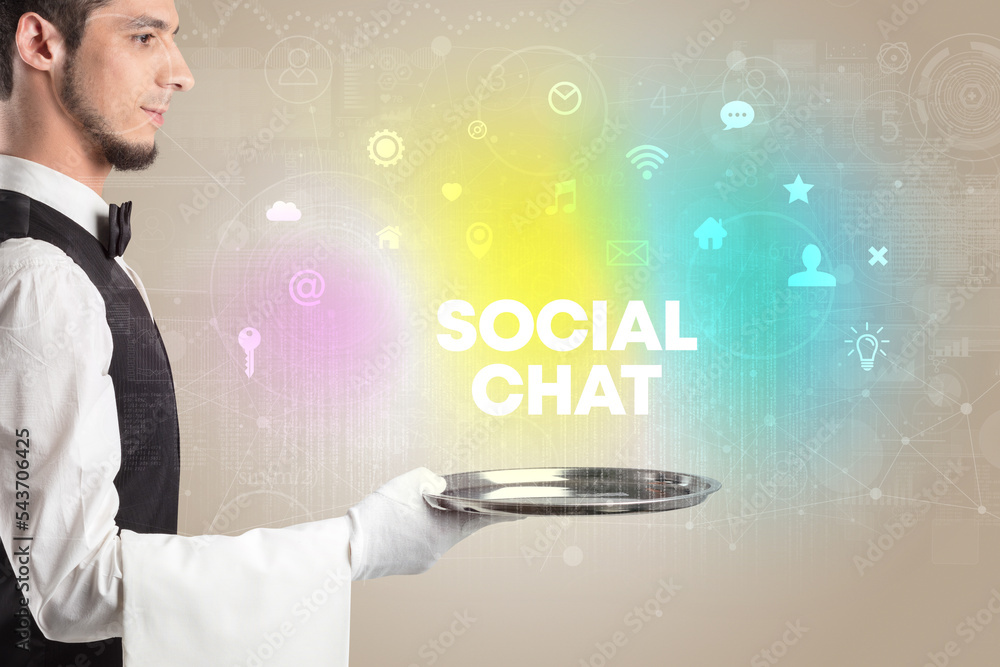 Waiter serving social networking concept Waiter serving social networking concept