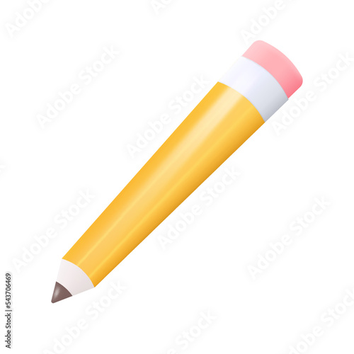 3D Yellow Graphic Pencil with Pink Eraser Isolated on White Background. Vector Illustration