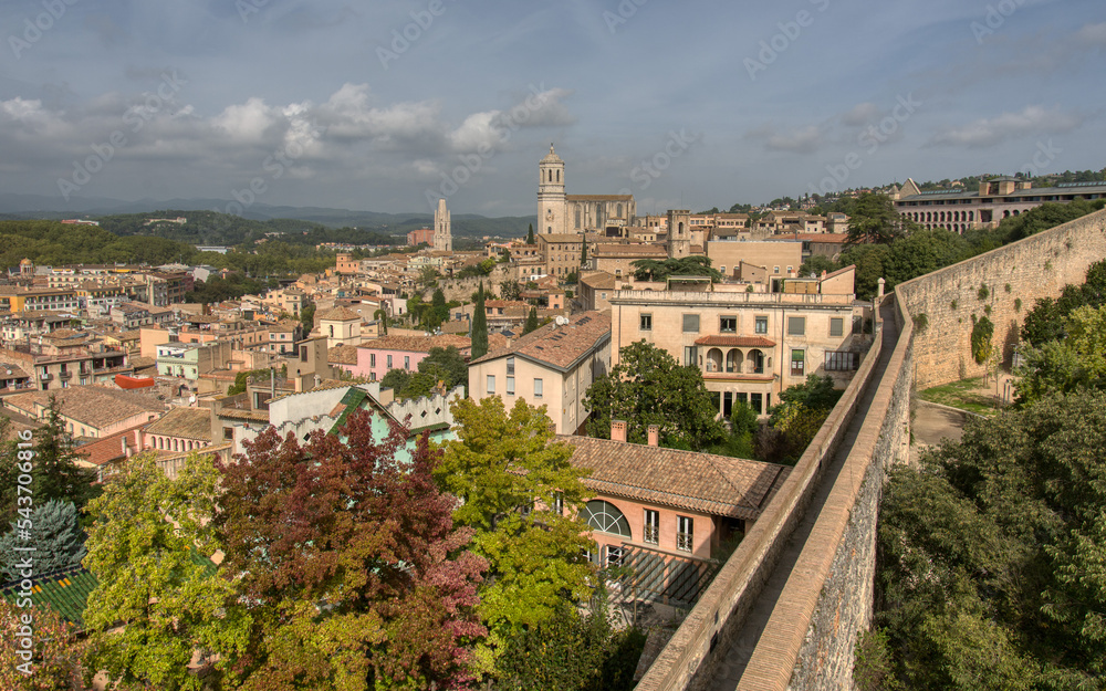 Panoramic view of Girona, the city walls and its cathedral Catalonia, Spain