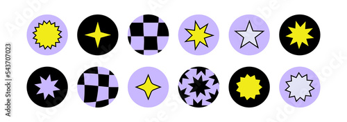 Set of highlight covers in y2k aesthetic. Vector stickers with stars, abstract shapes and distorted wavy cage. Icons set in 90s, 00s style