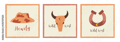 Set of western vector illustrations with bull skull, cowboy hat and horseshoe. Wild west square posters.