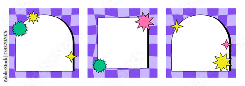 Set of social media templates with frames, abstract stickers and distorted wavy cage. Vector illustration with modern abstract shapes. Square groovy backgrounds in y2k, 00s, 90s style