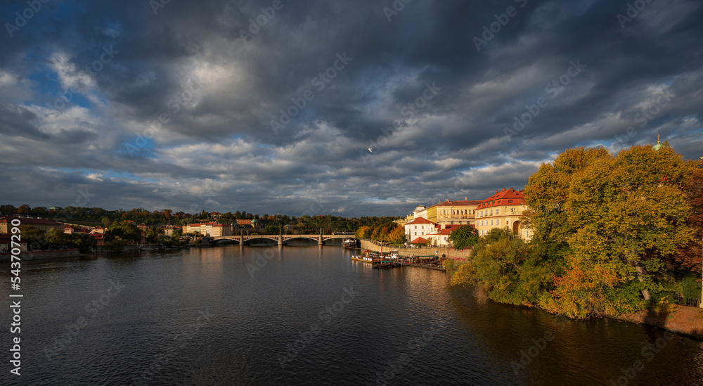 Europe, Czech Republic, Prague, autumn, river, Charles Bridge, sky, clouds, Royal Palace, castle