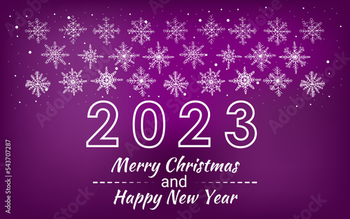 2023 Velvet Violet Christmas card with white Snowflakes. Merry Christmas and Happy New Year text with Snowflakes, lettering for greeting cards, banners, posters, isolated vector illustration
