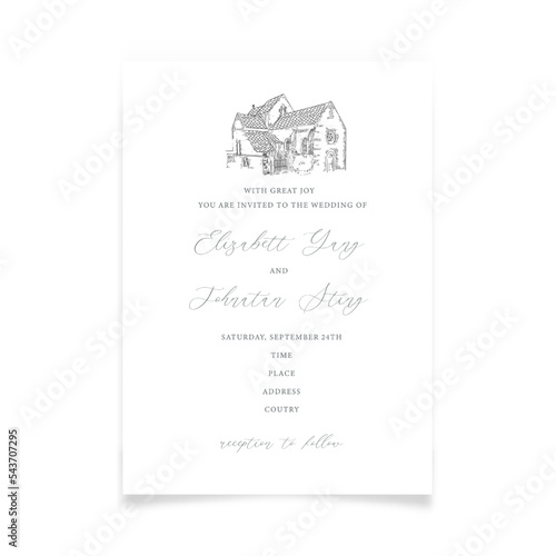Wedding invitation with sketch house in minimalism style.