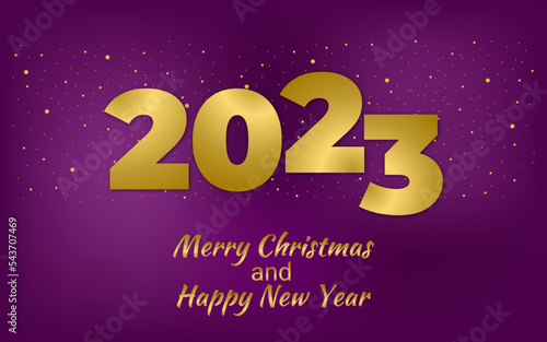 2023 Velvet Violet Christmas card with golden snow. Merry Christmas and Happy New Year text with Snowflakes, lettering for greeting cards, banners, posters, isolated vector illustration