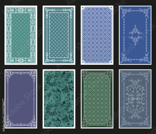 Set of Tarot back cards vintage, gothic or victorian style, decorated with patterns and ornamental decorative elements.