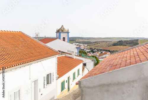 a view over Aljustrel and the bell tower of the Parish church, district of Beja, Alentejo, Portugal