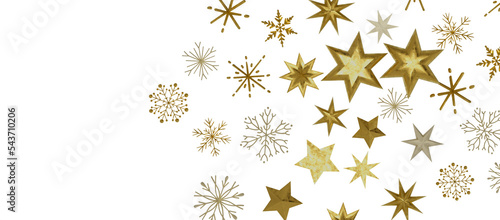 Banner with golden decoration. Festive border with falling glitter dust and stars.