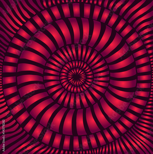 Hipnotic optical illusion abstract vibrant pattern with many circles of stripes template. Decorative 3D style psychedelic background. Juicy gradient orange violet color, outline dark plum color.