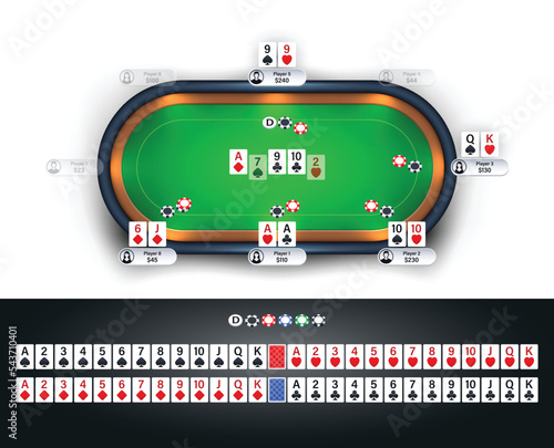 Isolated poker table with full deck of playing cards and poker chips. Texas Hold'em online game  concept illustration. Realistic poker table vector illustration.