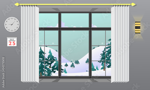 Illustration vector graphic of natural view from window. Christmas clock and date ornaments, Christmas tree covered in snow. perfect for creating animated videos, greeting cards or backgrounds