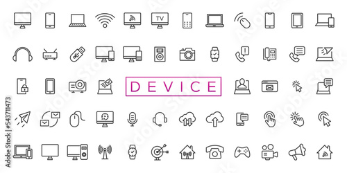 Device and technology line icon set. Electronic devices and gadgets, computer, equipment and electronics. Computer monitor, smartphone, tablet and laptop sumbol collection © artnazu