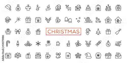 Christmas line icon collection. Holiday symbol. Outline Xmas icons set. Santa claus, gift, angel, box, bow, bell, christmas tree, fireworks, snow, snowman, bag and more