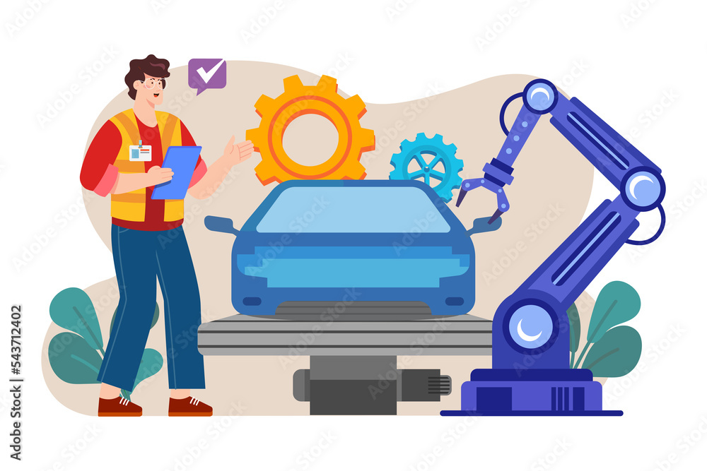 Automated car production Illustration concept on white background Automated car production Illustration concept on white background