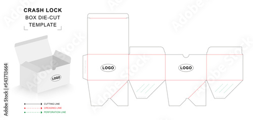 Crash lock box die cut template with 3D blank vector mockup