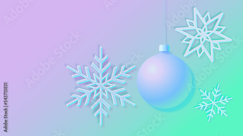Christmas card showing snowflakes and a Christmas tree bauble on a violet-green background.