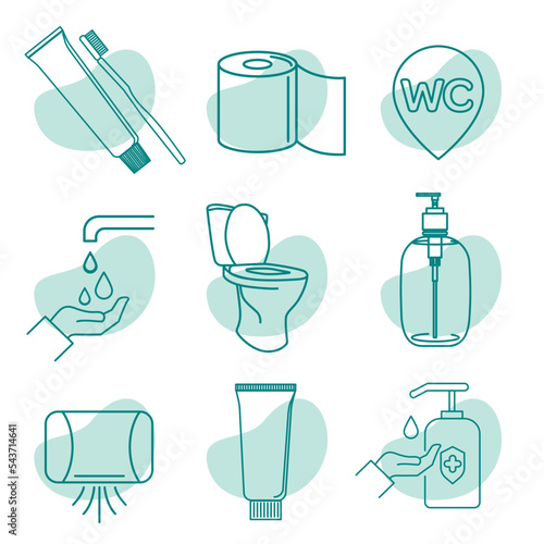 Toilet hygiene antibacterial icons set
