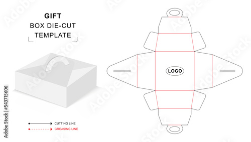 Gift box with handle die cut template with 3D blank vector mockup