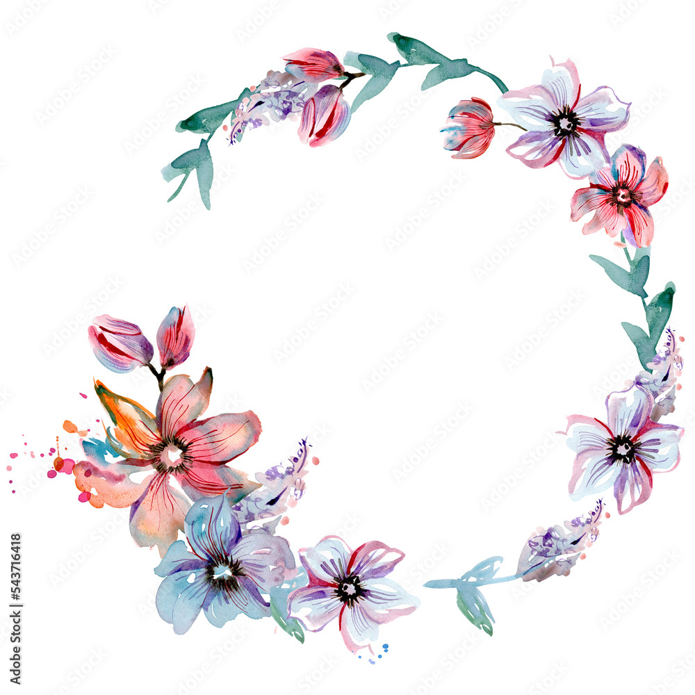 Pink and Blue Floral Watercolor Wreath
