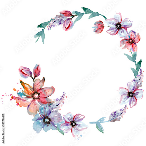 Pink and Blue Floral Watercolor Wreath 