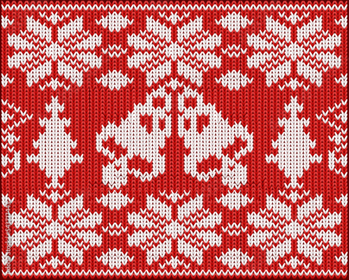 New year knitted background with xmas bells, vector illustration