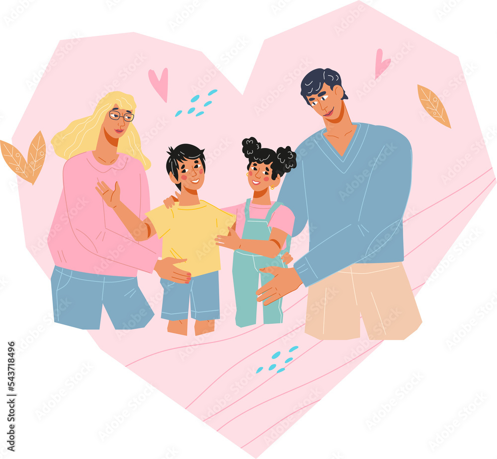 Happy smiling family at heart shape background. Mother, father and two children characters for topic of family relations. Happy smiling family at heart shape background. Mother, father and two children characters for topic of family relations.