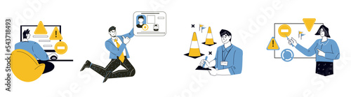 Driving license training illustrations bundle. Driving school, traffic rules test and driving test, flat vector illustrations set isolated on white background.