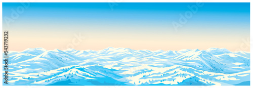 Winter landscape with snow-covered hills illuminated by the winter sun, illustration in the form of a background, panoramic format.