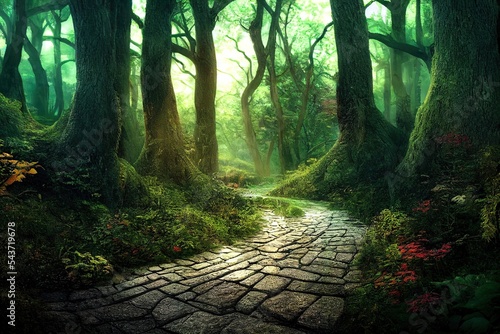 Stunning photorealistic landscape  footpath through fairy woods  Ai generated illustration