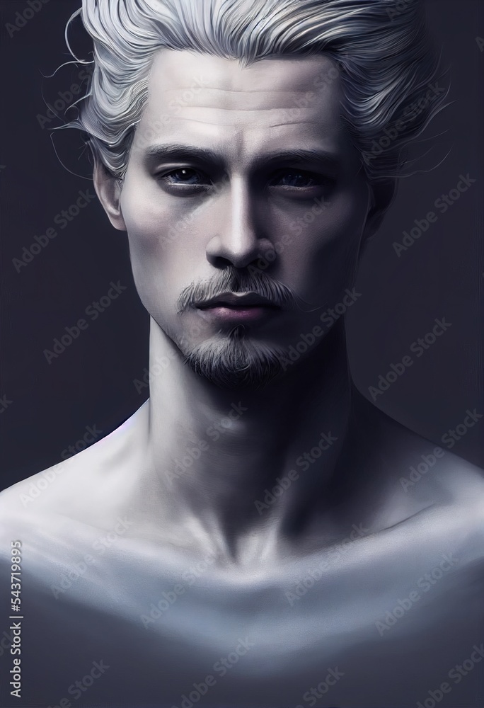 Stunning photorealistic illustrated portrait of confidence man with flowing grey hairs isolated on dark background. Ai generated Stunning photorealistic illustrated portrait of confidence man with flowing grey hairs isolated on dark background. Ai generated