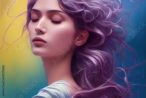 Stunning illustrated portrait of gorgeous, innocent and sensual woman, pastel colors, flowing hairs,