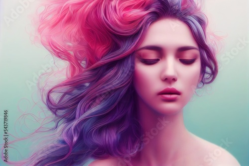 Stunning illustrated portrait of gorgeous, innocent and sensual woman, pastel colors, flowing hairs,