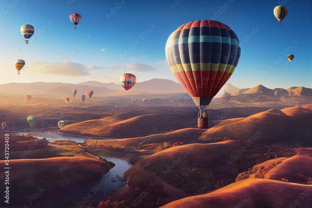 Obraz premium Photorealistic illustration of hot air balloons in the sky over the stunning landscape. Ai generated