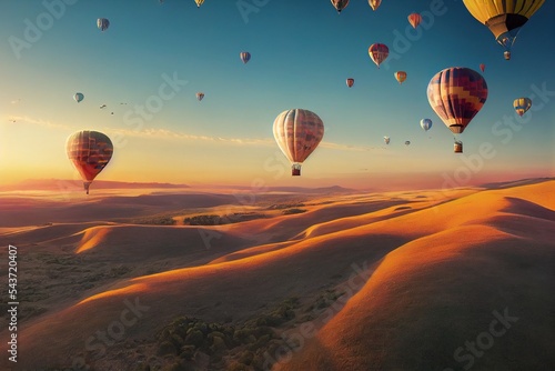 Photorealistic illustration of hot air balloons in the sky over the stunning landscape. Ai generated