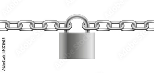 Chrome plated metal chain and padlock. Vector illustration.
