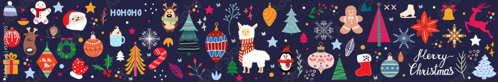 Big Christmas collection with traditional Christmas symbols and decorative elements. Christmas banner. - obrazy, fototapety, plakaty 