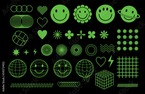 Psychedelic acid rave design elements set. Background with emoticons in the style of the 90s.
