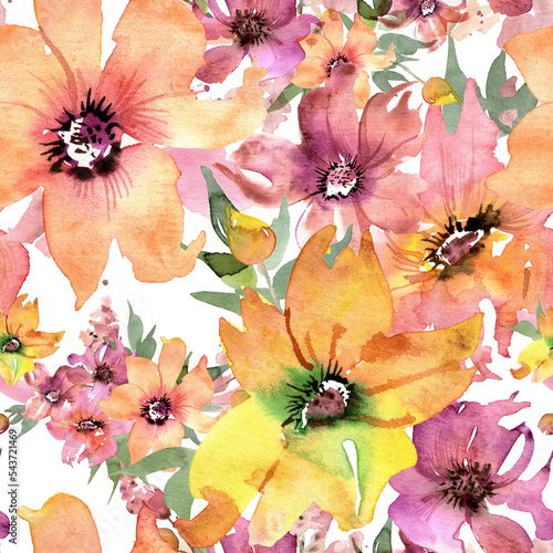 Pink and Yellow Watercolor Floral Seamless Pattern