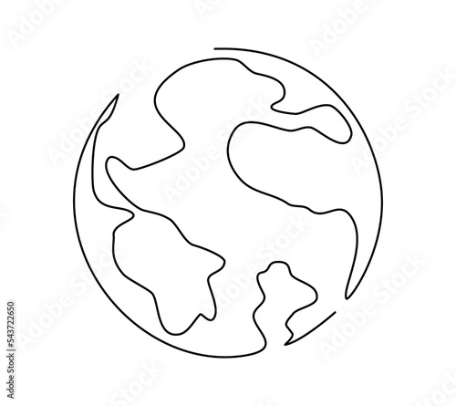Continuous line drawn Planet Earth. Single line World Map in a modern minimalist style. Isolated Vector Illustration on a white Background