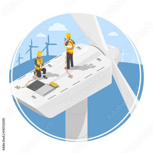 Working at height on wind turbine isometric engineer inspection work high safty for dangerous work factory ecology industrial isometric