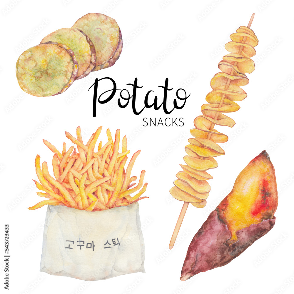 Watercolor set of deepfried Sweet potato sticks in paper bag (고구마 스틱