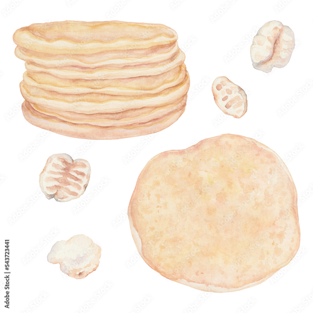 Watercolor Korean Puffed Rice snacks set isolated on white background