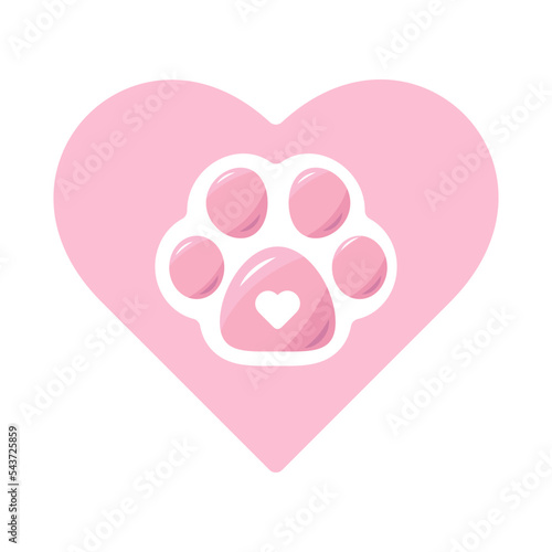 Vector Cute dog cat paw logo icon for pet shop, zoo, print, children, textile, grooming salon. Animal paw with heart patel pink color trendy and cute.