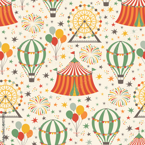 Circus theme pattern. Seamless pattern with vintage carnival elements. Vector illustration.