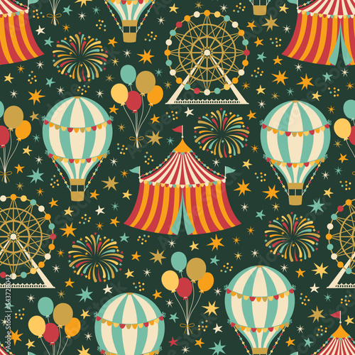 Circus theme pattern. Seamless pattern with vintage carnival elements. Vector illustration.