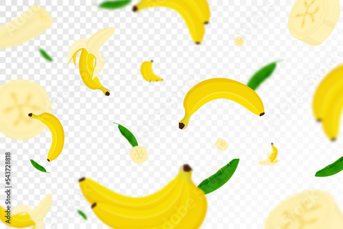 Flying Banana background, seamless pattern with defocused blur effect. Falling Ripe banana and palm leaves isolated. Can be used for wallpaper, banner, poster, print, fabric, wrapping paper. Vector